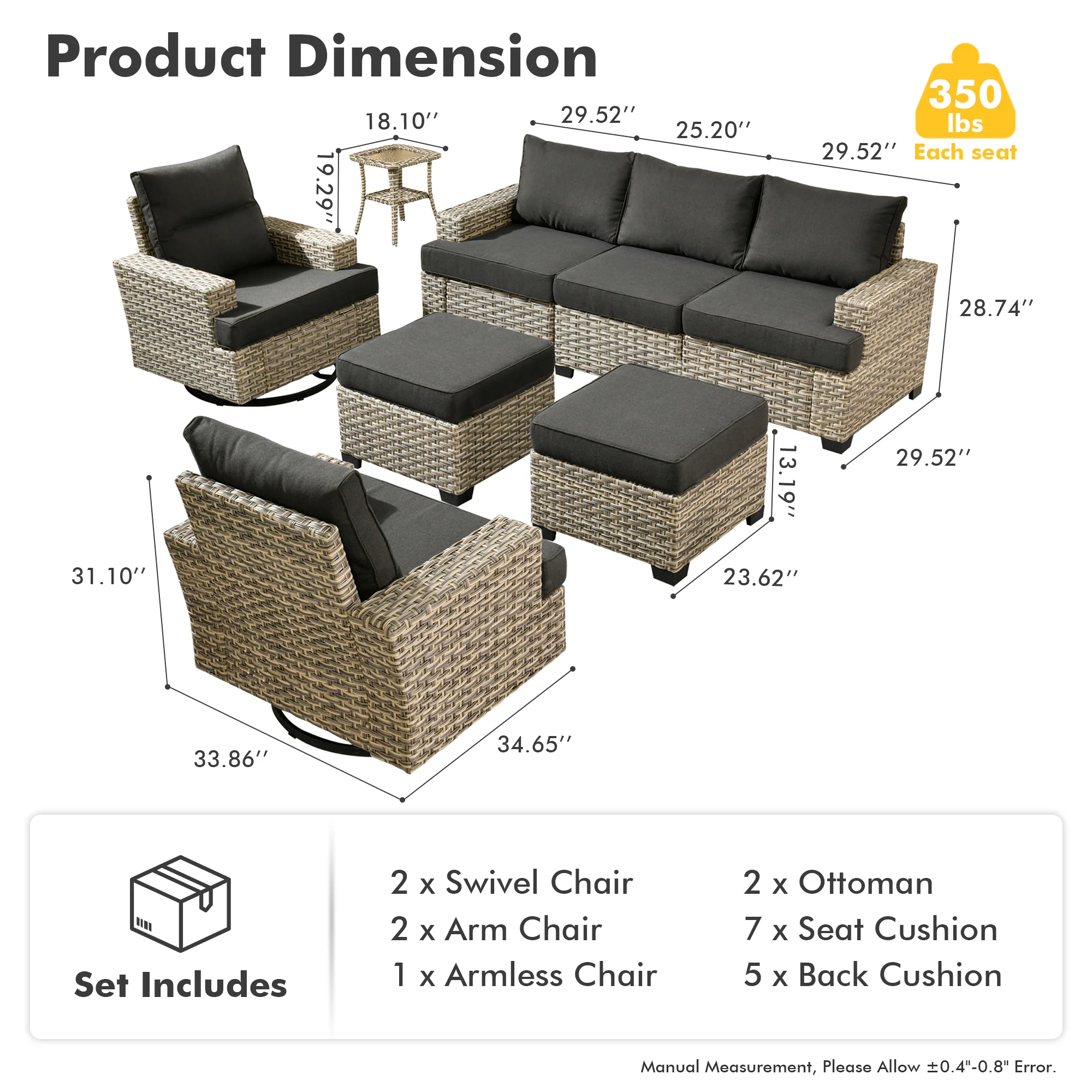 TBS Series - Sectional Patio Furniture Set 8-Piece, Included Swivel Chair