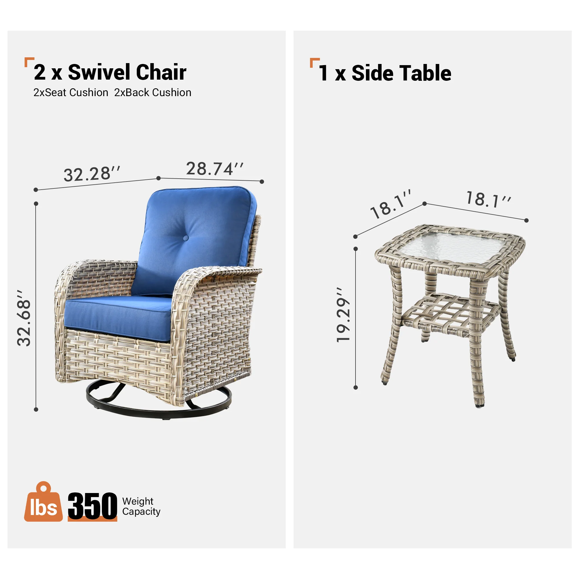 Ovios VNC Series Patio Swivel Chair 3-Piece Set