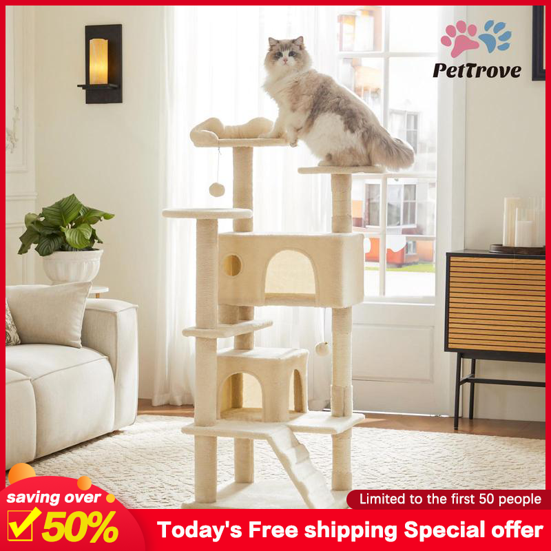 PetTrove Cat Tree Tower for Indoor Cats, 54in Tall Multi-Level Pet Furniture, Stable Kitty Play House with Sisal Scratching Post, Large Condo, Climbing Ladder, Plush Toy for Kitten cat treehouse