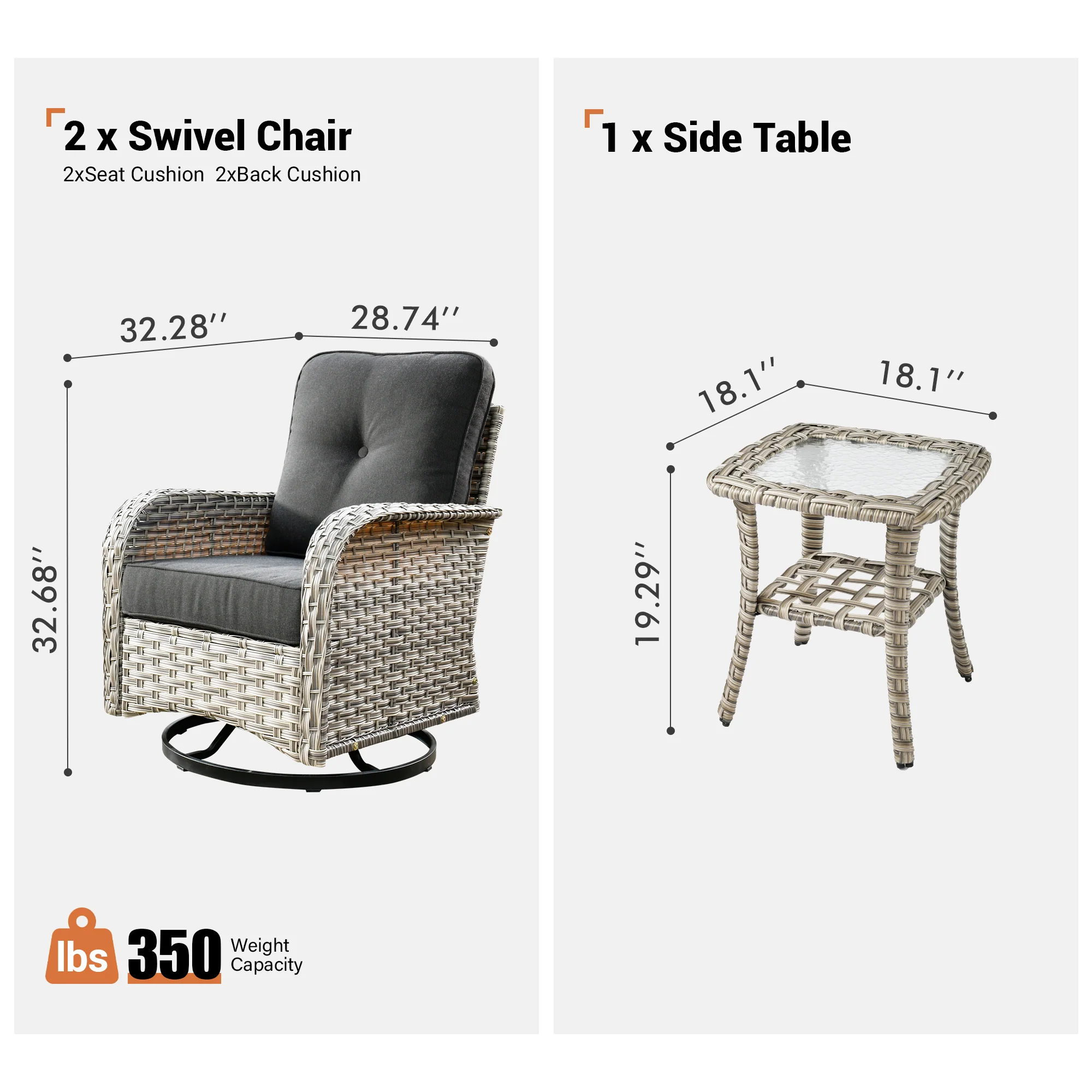 Ovios VNC Series Patio Swivel Chair 3-Piece Set