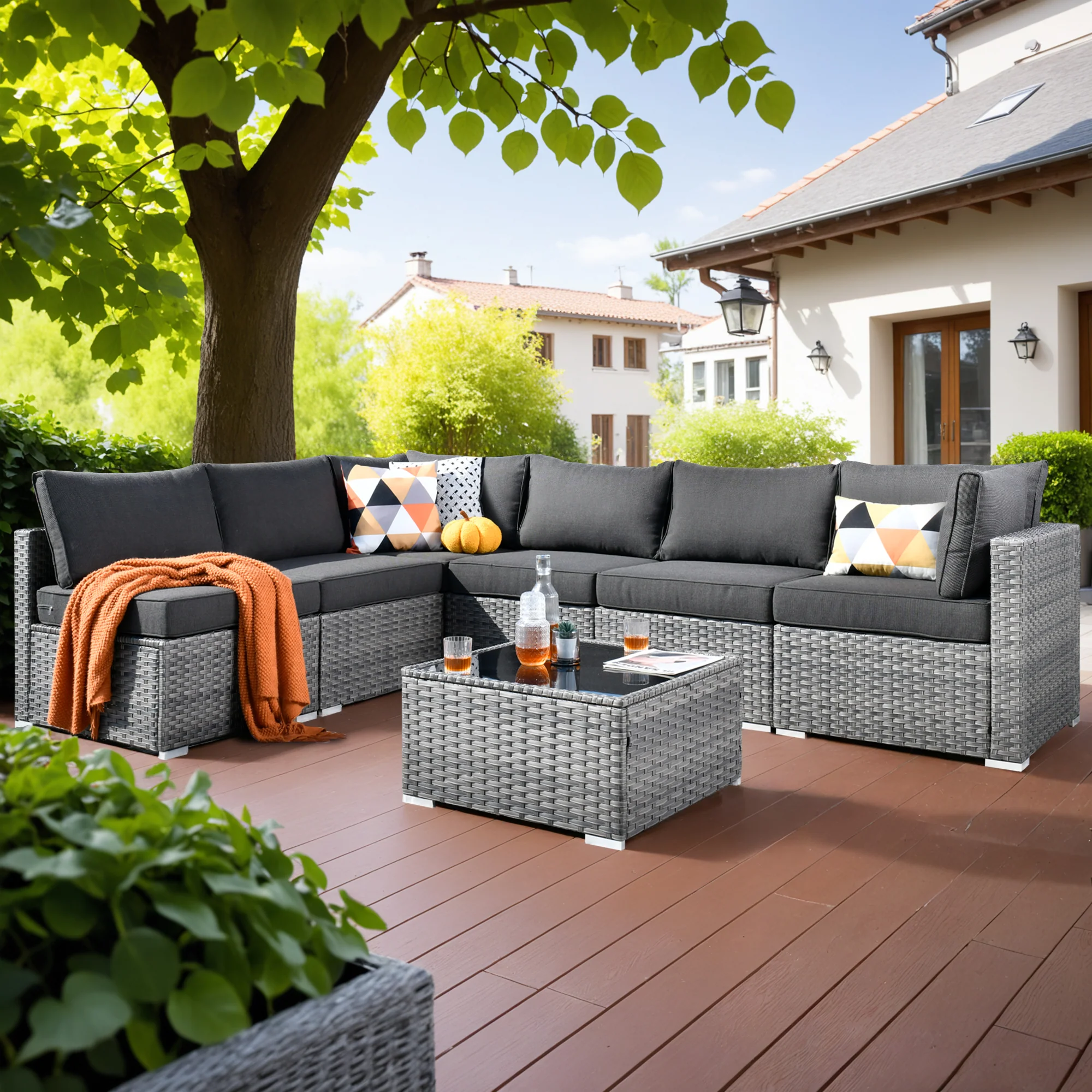 Ovios Outdoor Sectional Furniture 7-Piece with Cushions and Table