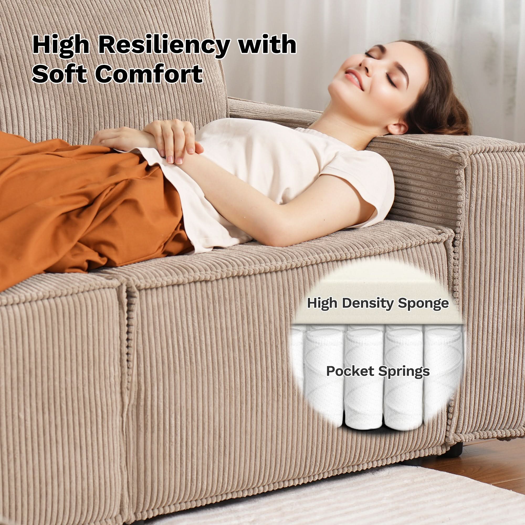 Ovios Living Room Modular Couch 6-Pieces Set, Wide Armrests