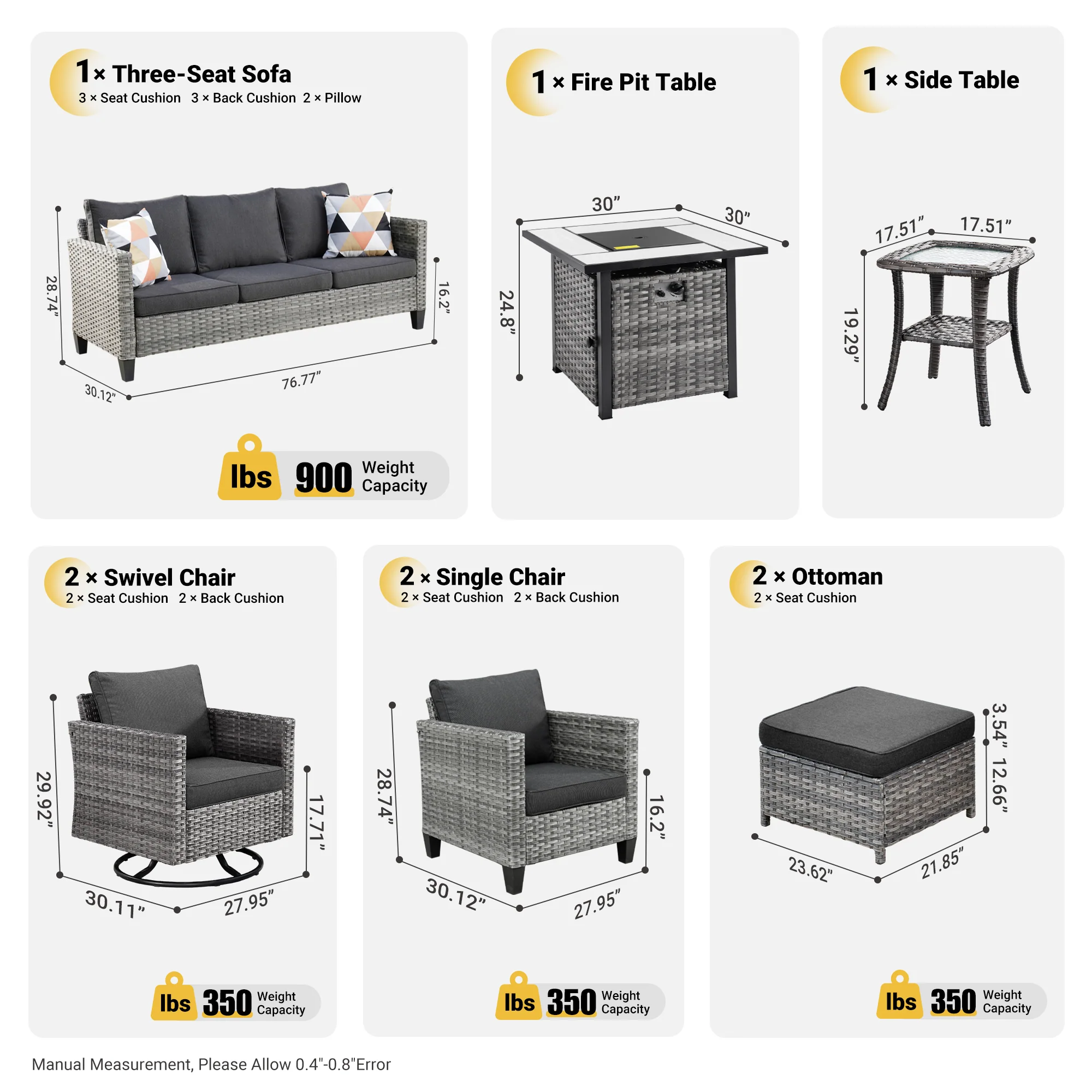 Ovios Patio Vultros 9-Piece Set with 2 Swivel Chairs and 30'' Propane Fire Pit Table