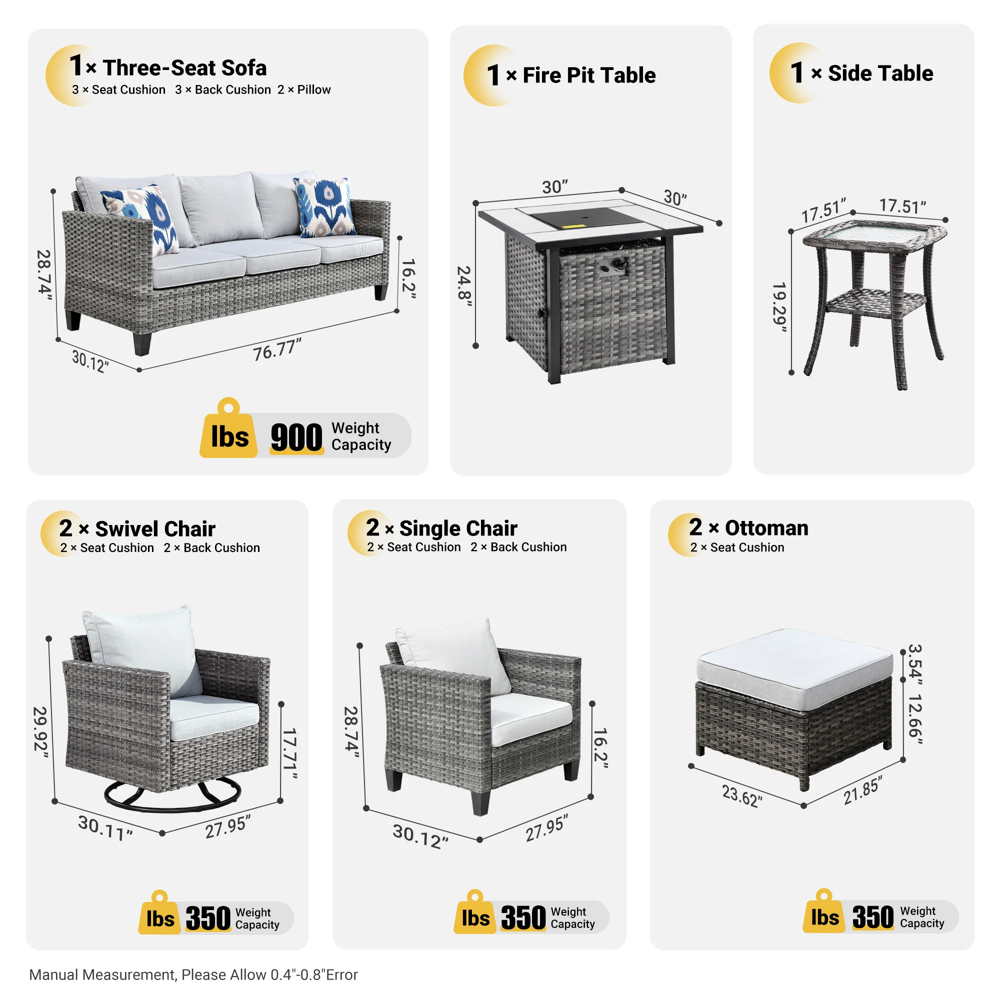 Ovios Patio Vultros 9-Piece Set with 2 Swivel Chairs and 30'' Propane Fire Pit Table
