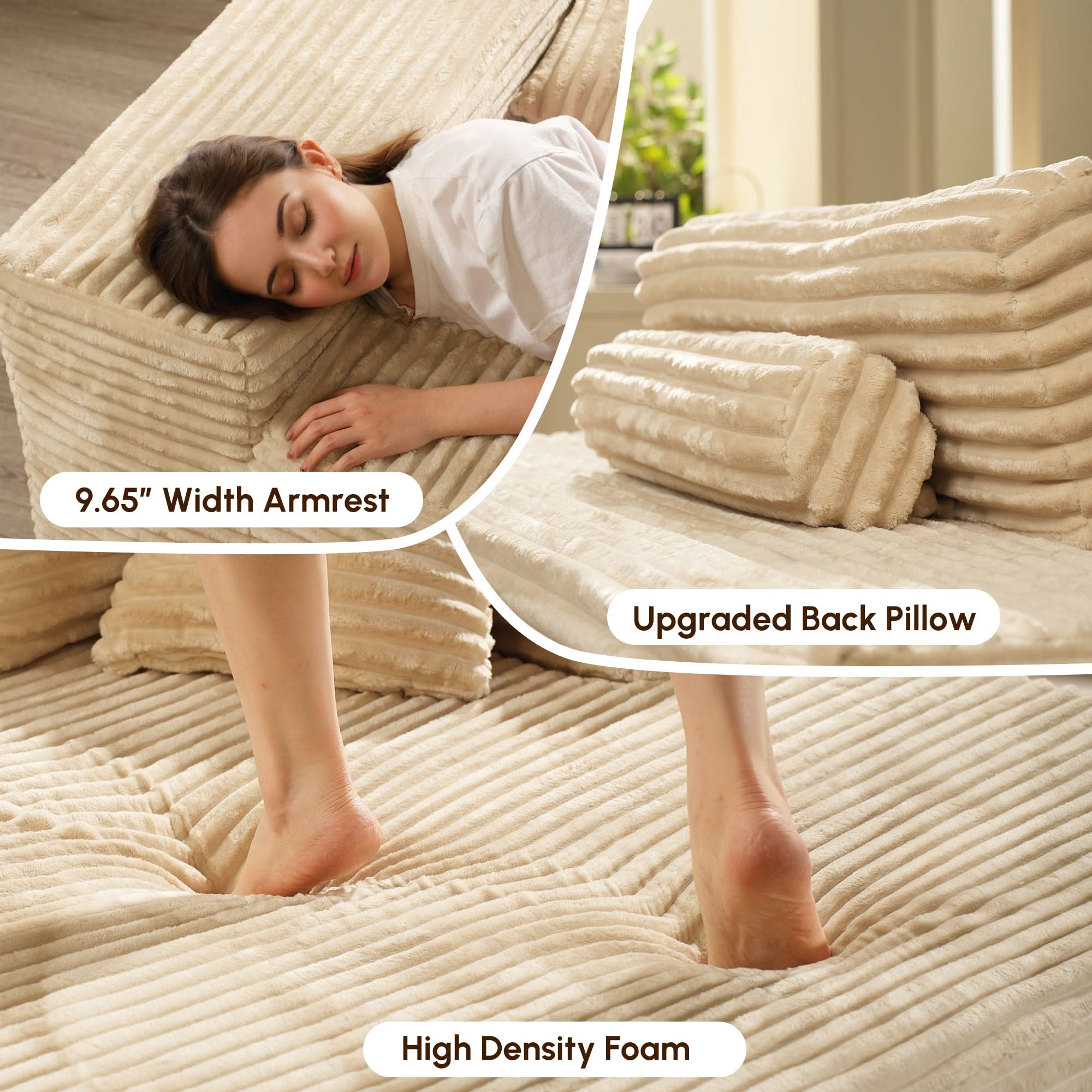 Ovios Boneless Chaise Lounge,Luxurious Faux Fur, No Assembly Required