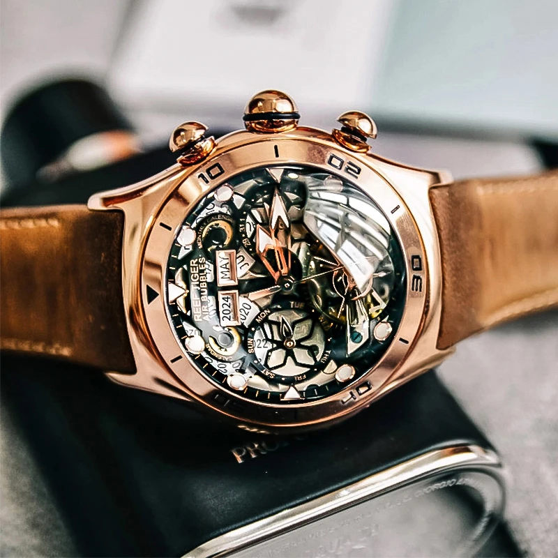 REEF TIGER/Reef Tiger men's mechanical hollow watch three-needle RGA703-air bubble