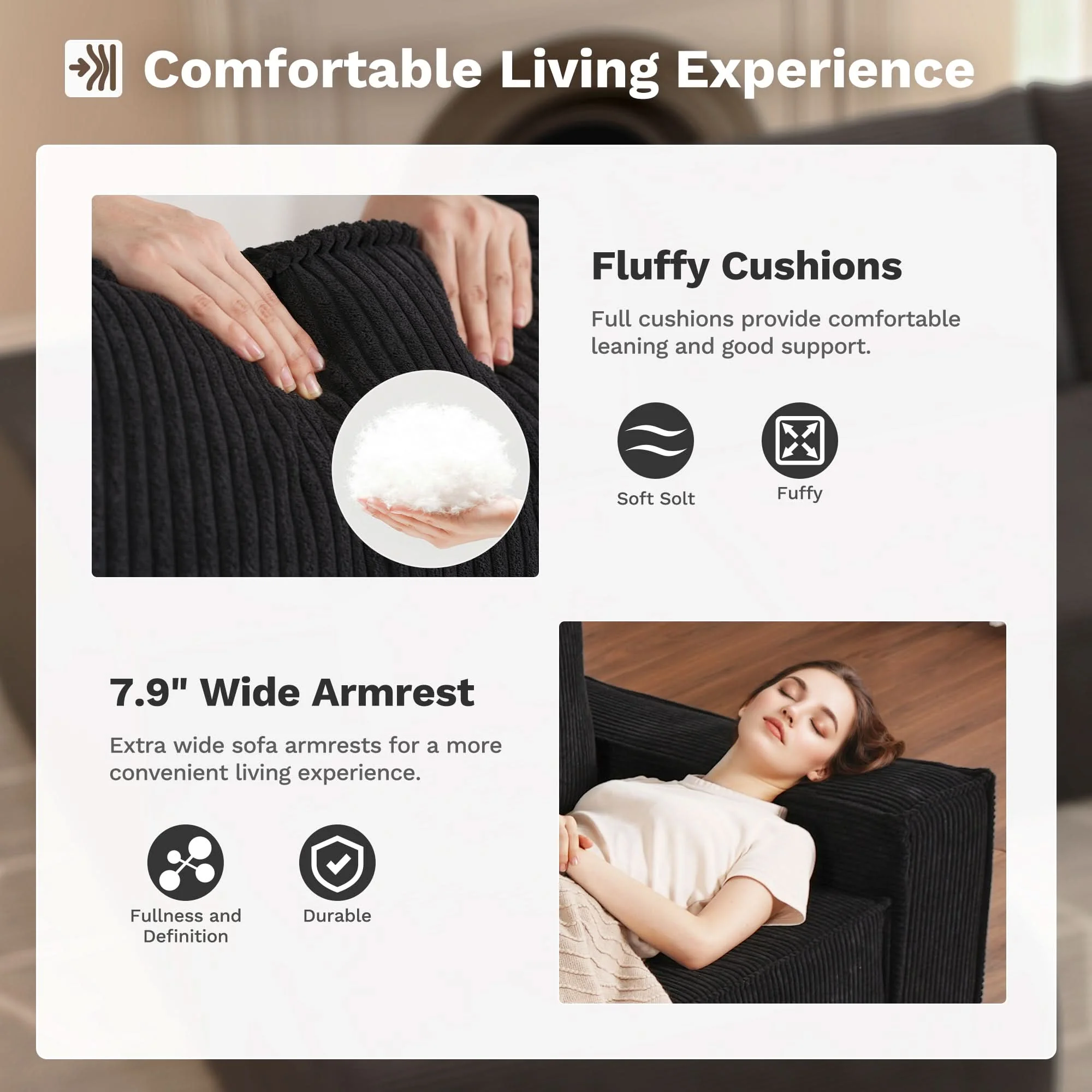 Ovios Living Room Modular Couch 6-Pieces Set, Wide Armrests