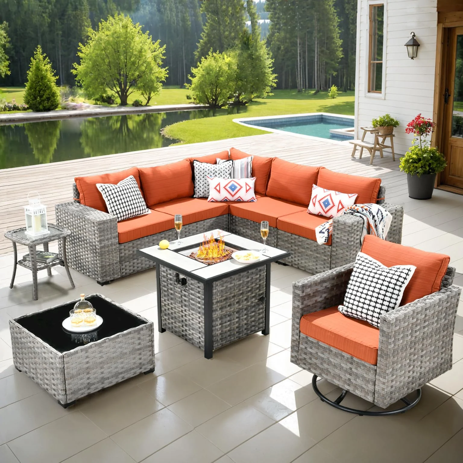 Ovios 9 Pieces Patio Furniture Set, Outdoor Sectional Sofa with Swivel Rocking Chair, 30