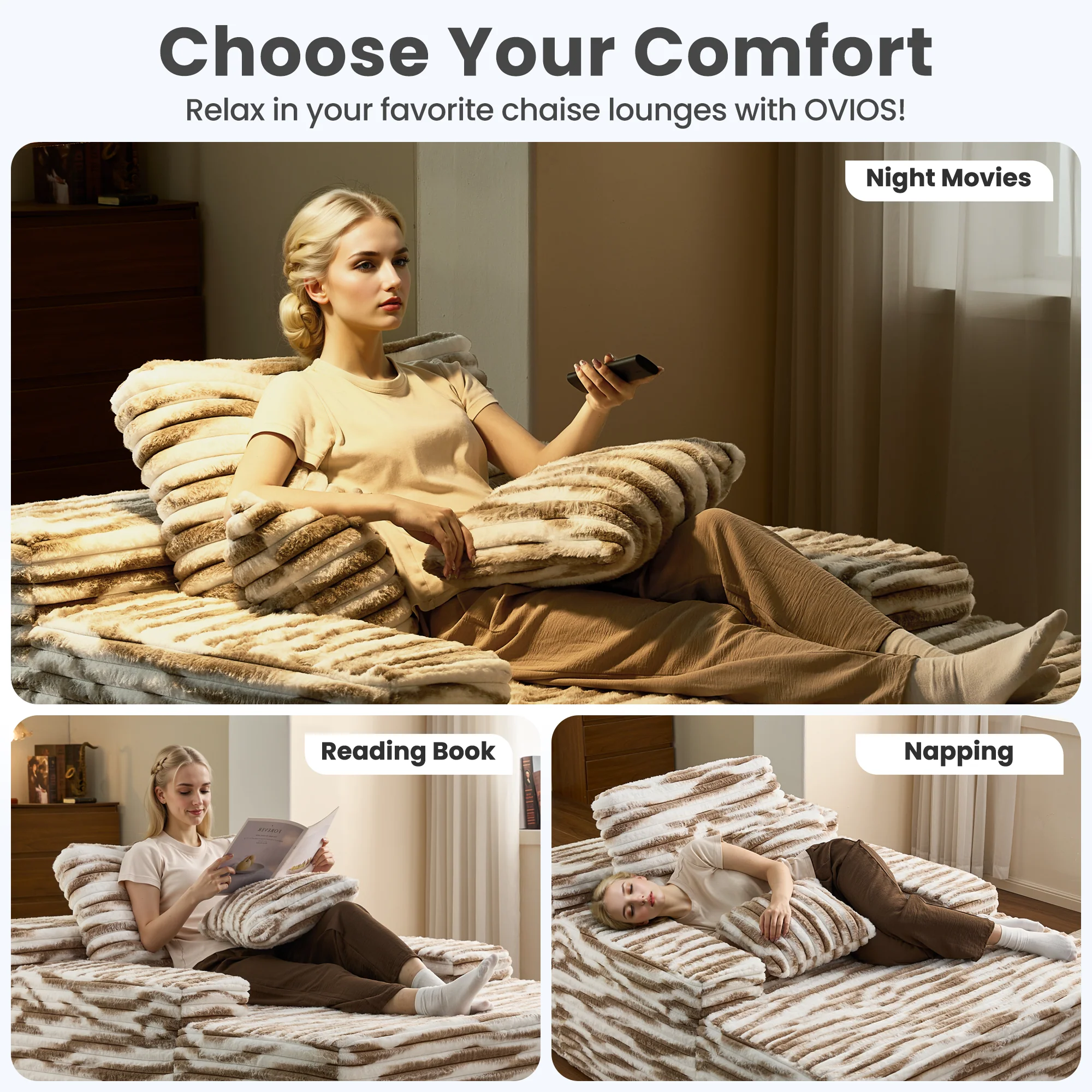 Ovios Boneless Chaise Lounge,Luxurious Faux Fur, No Assembly Required