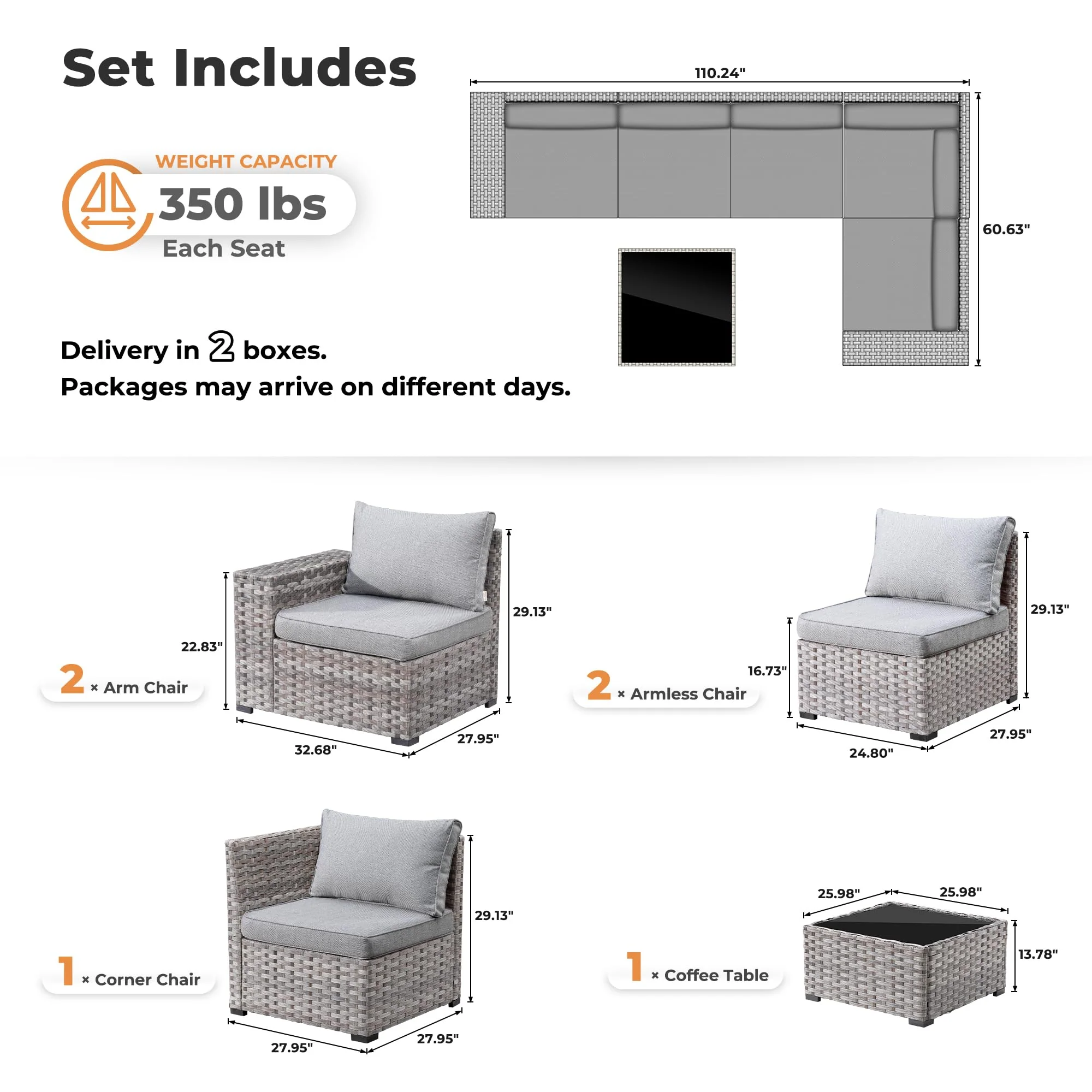 Ovios 6 Pieces Outdoor Sectional Sofa with 7.68'' Broad Handrails