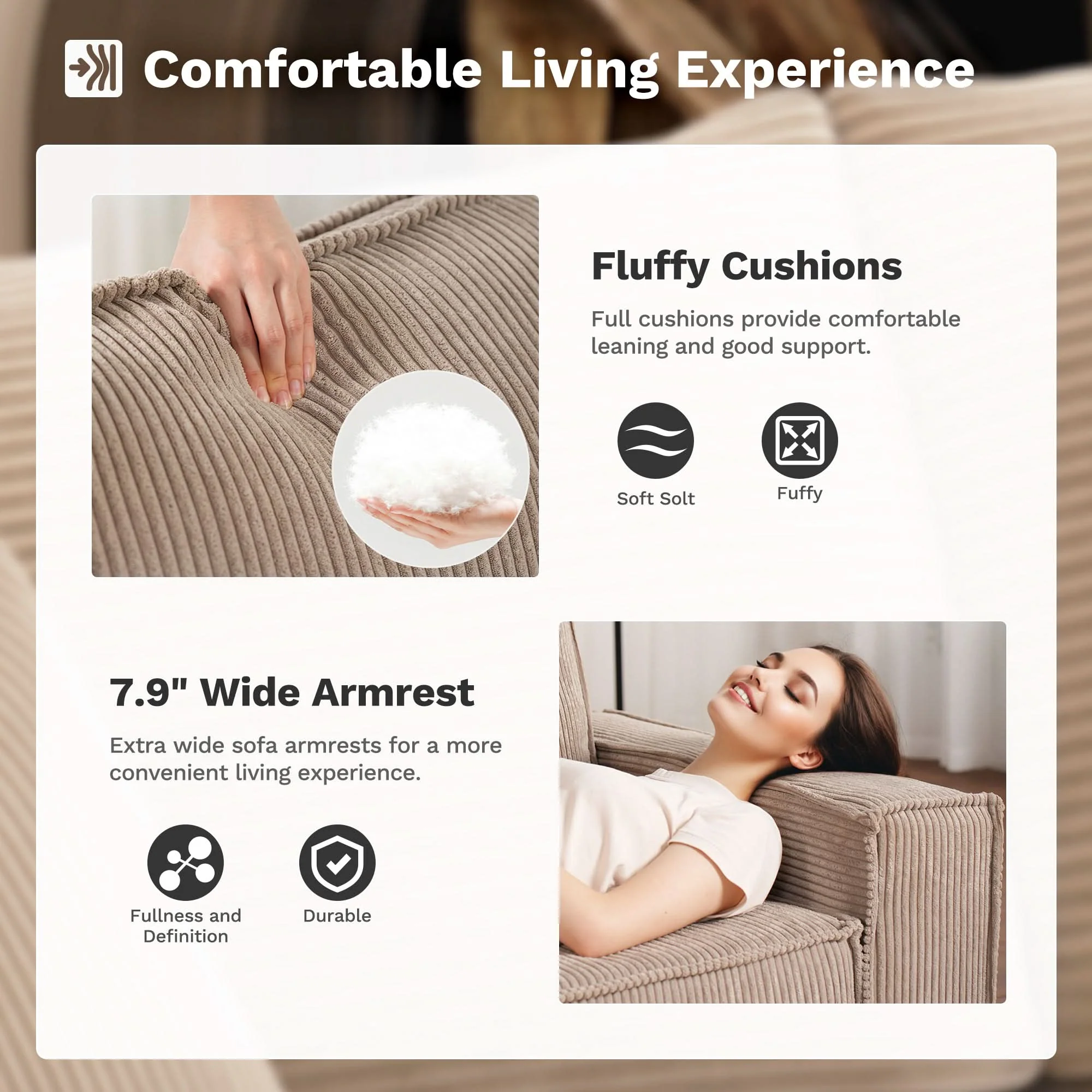 Ovios Living Room Modular Couch 6-Pieces Set, Wide Armrests