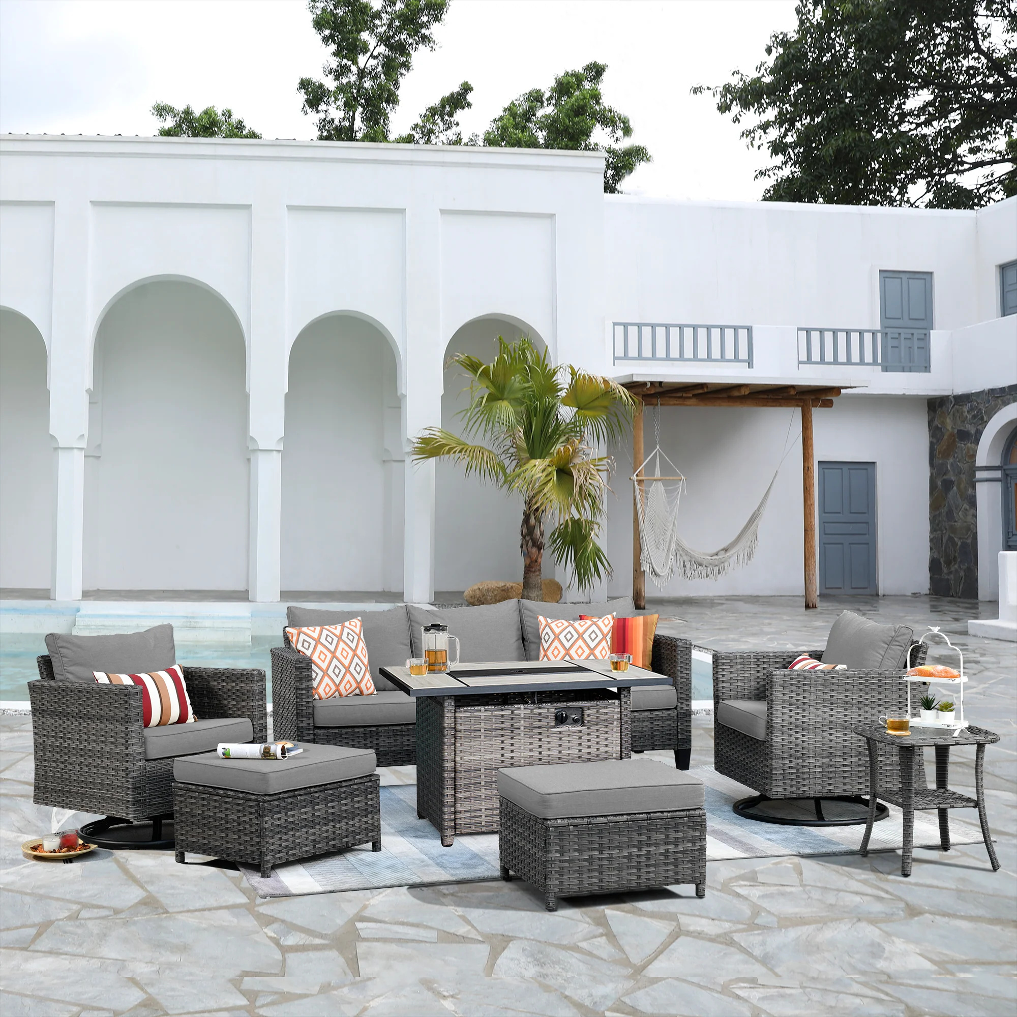 Ovios Patio Vultros 7-Piece Set With Swivel Chair and Rectangle 42'' Propane Fire Pit Table