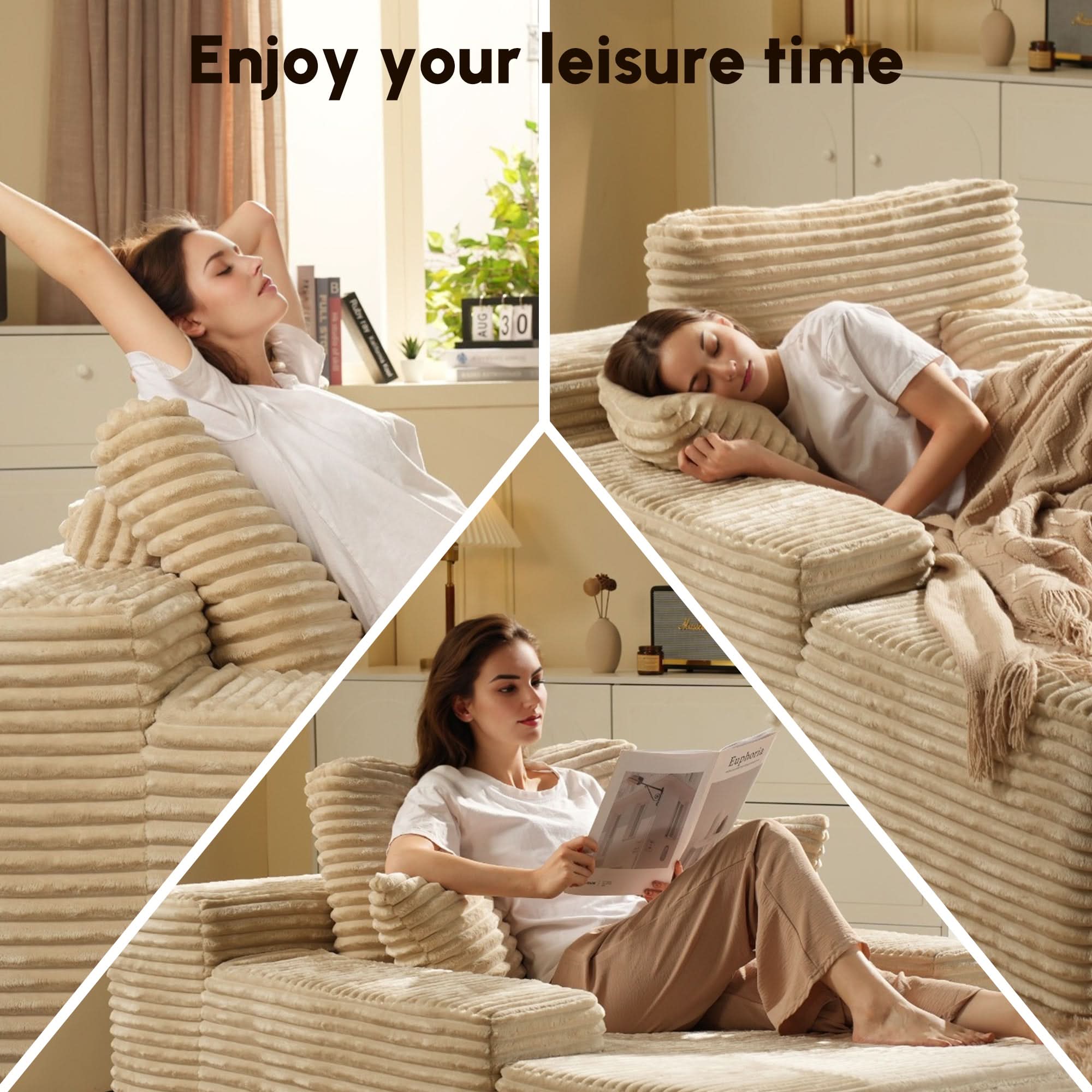 Ovios Boneless Chaise Lounge,Luxurious Faux Fur, No Assembly Required