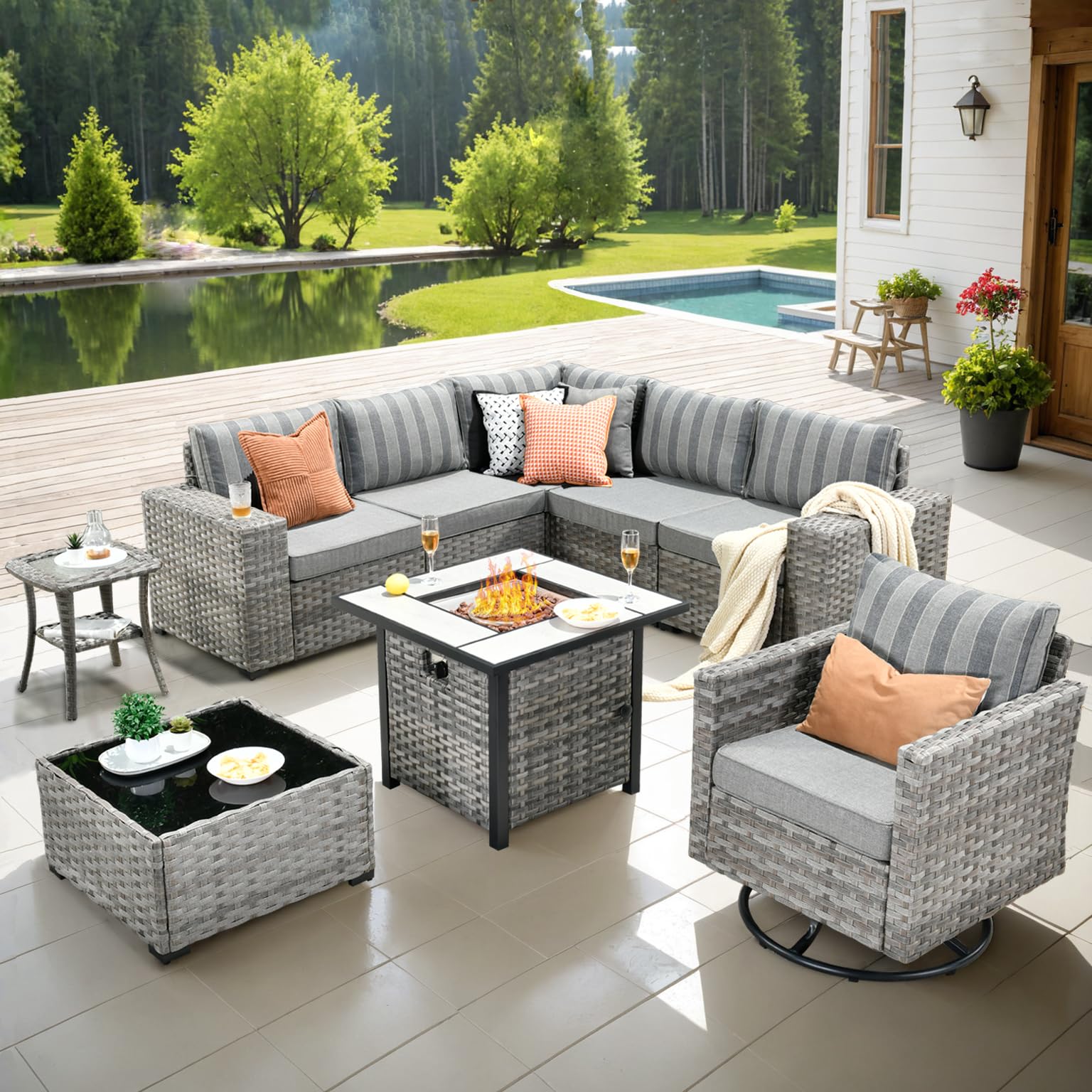 Ovios 9 Pieces Patio Furniture Set, Outdoor Sectional Sofa with Swivel Rocking Chair, 30