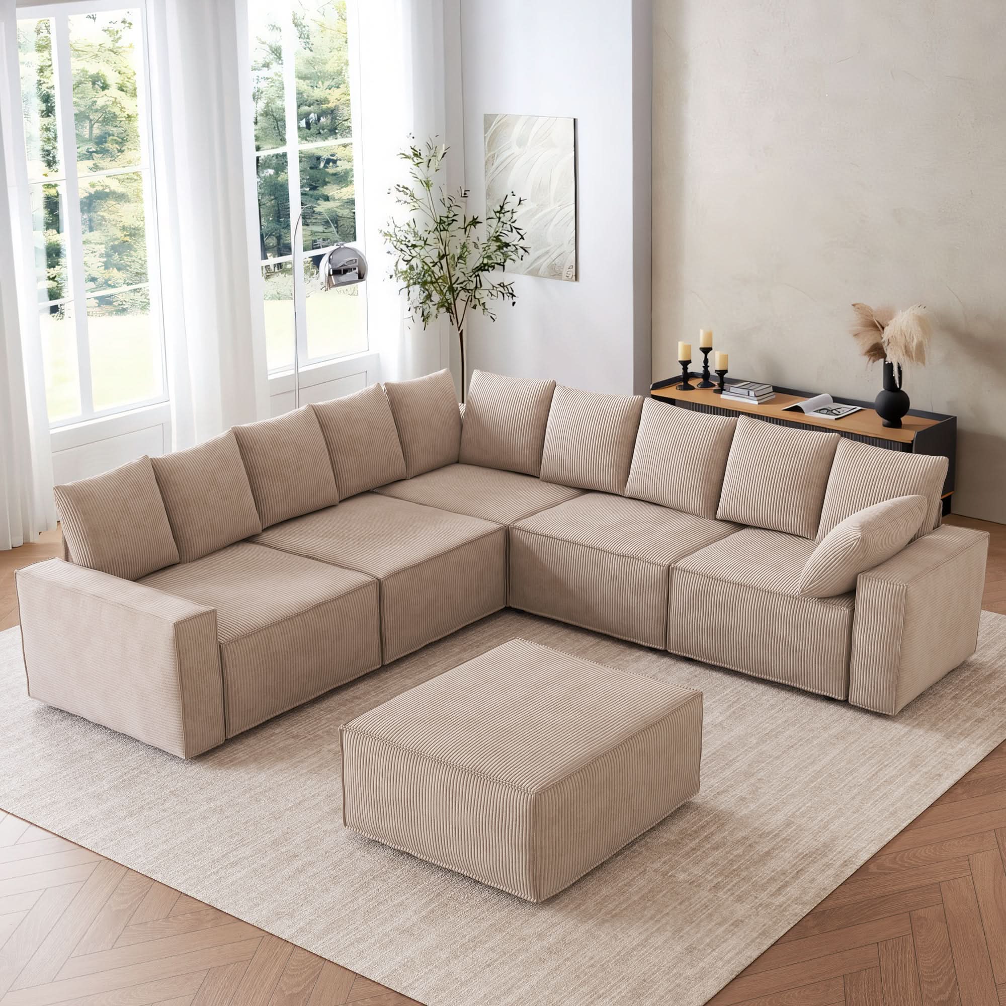 Ovios Living Room Modular Couch 6-Pieces Set, Wide Armrests