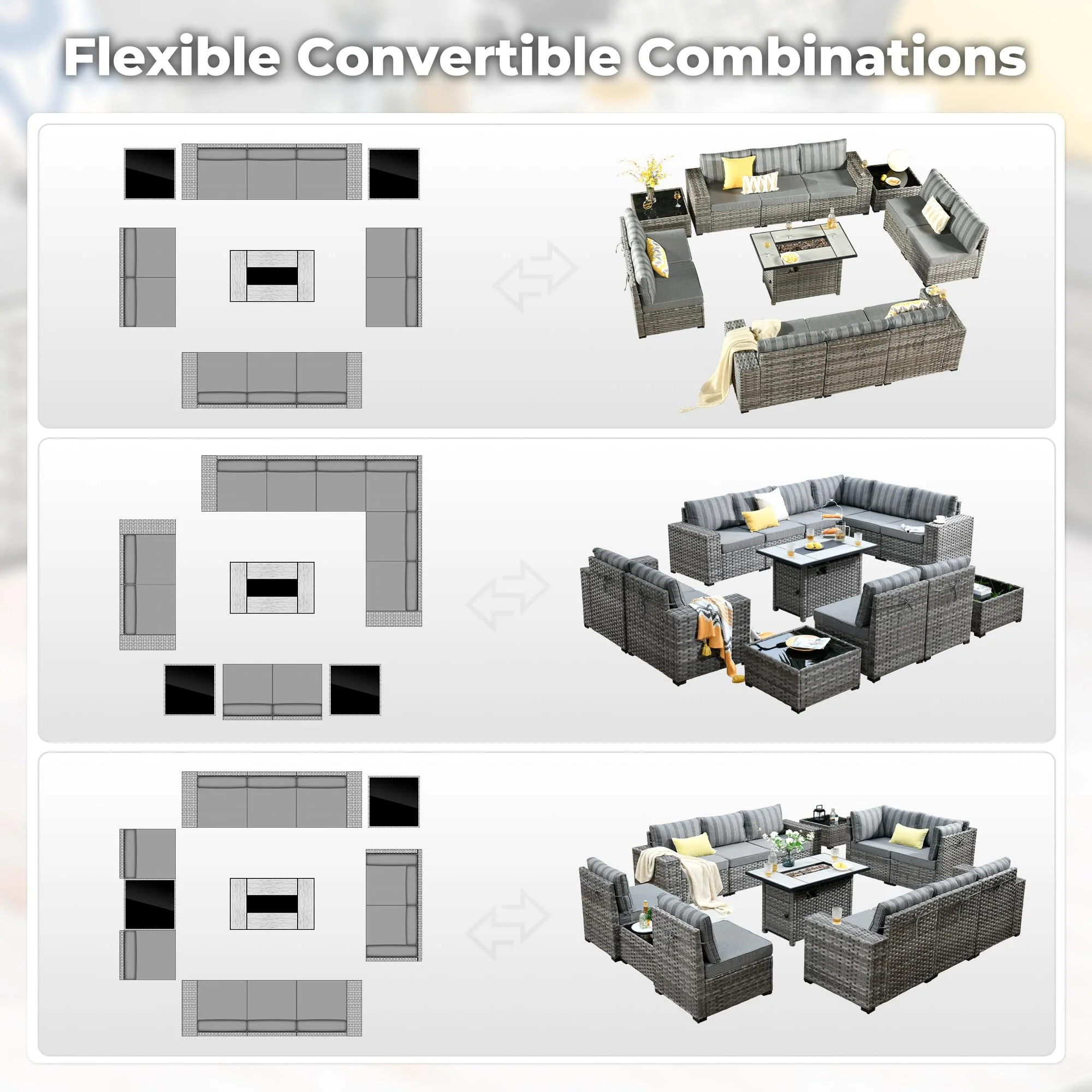 Ovios 13 Pieces Outdoor Furniture with 7.68'' Broad Handrails and Rectangle 42.12'' Fire Pit Table