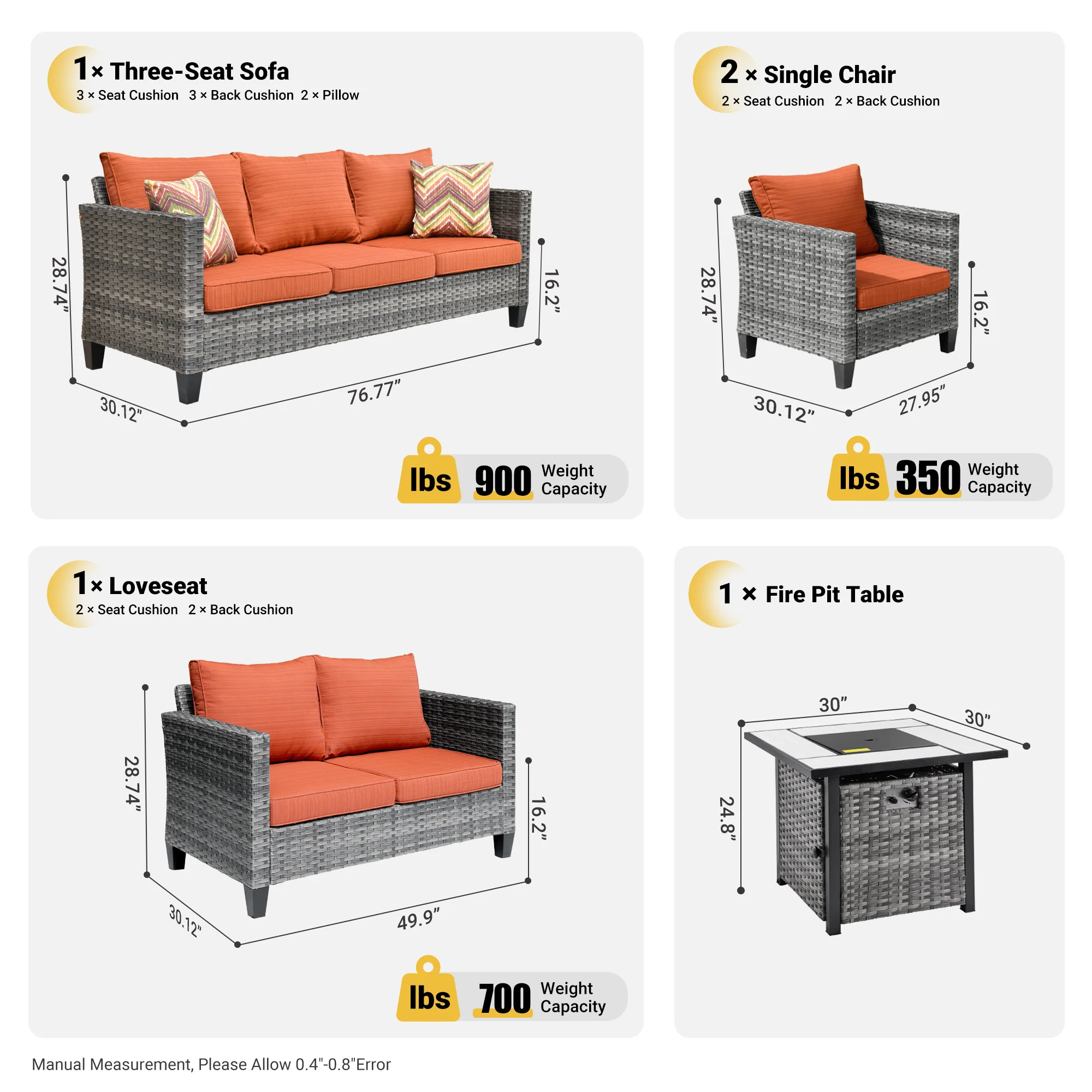 Ovios Patio Vultros Furniture Set 7-Person Seating with 30'' Propane Fire Pit Table