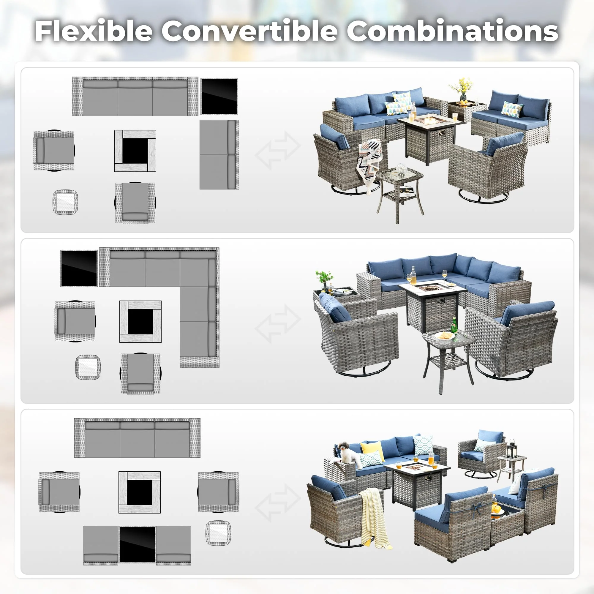 Ovios 10 Pieces Patio Furniture with 7.68'' Handrails and 30'' Fire Pit Table Rocking Chair