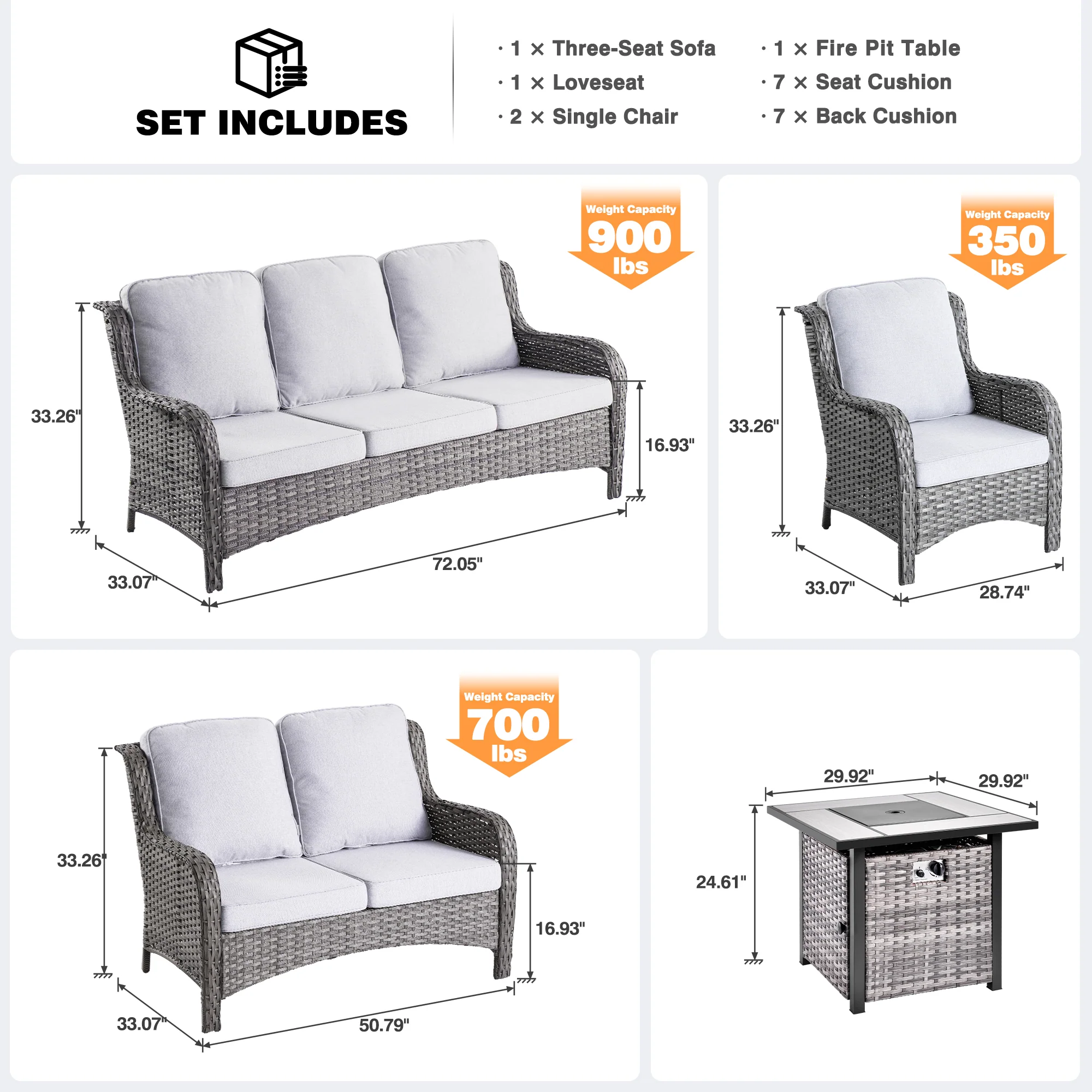 Ovios Patio Kenard 5-Piece Conversation Set with 30'' Fire Pit Table and Loveseat