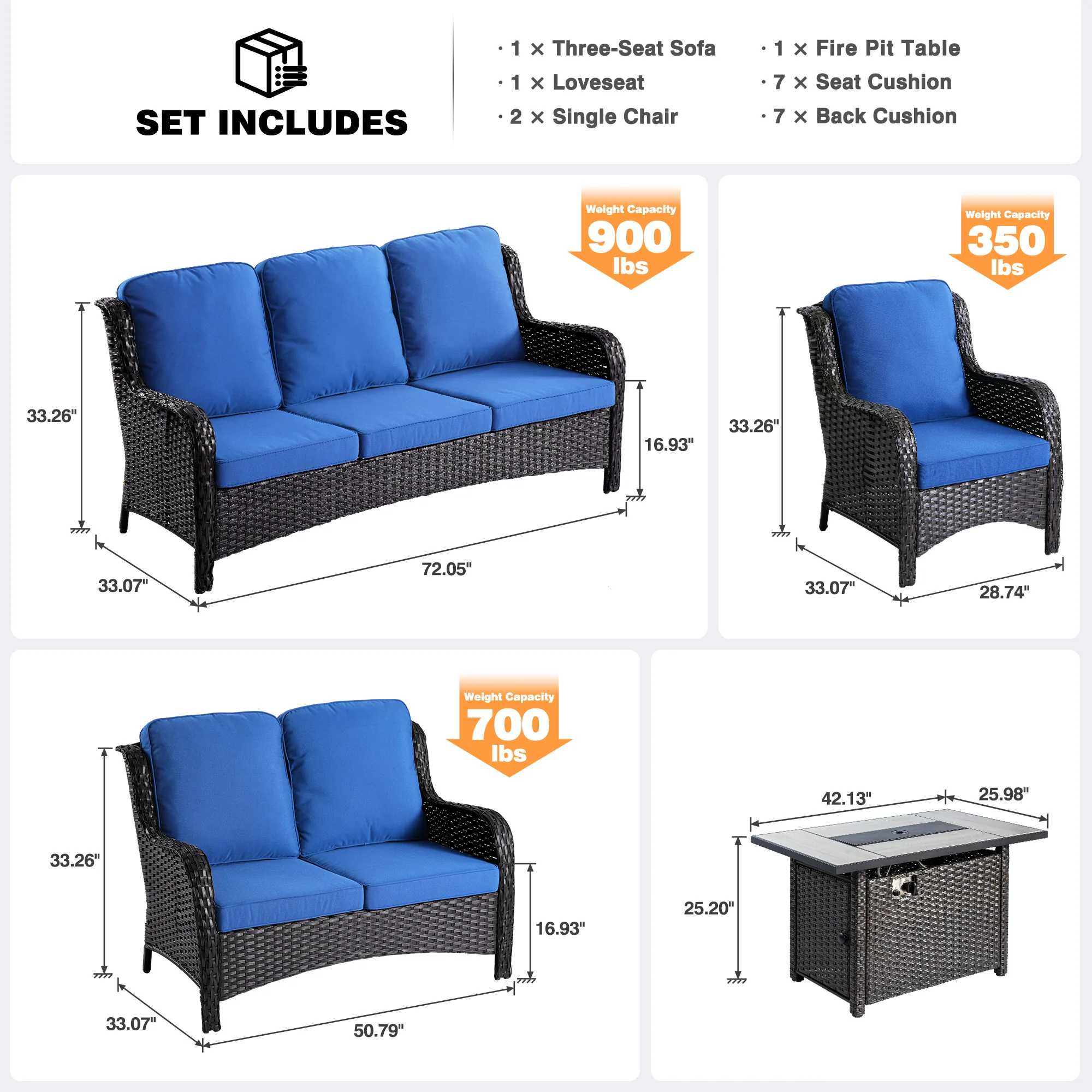 Ovios Patio Kenard 5-Piece Conversation Set with 42'' Fire Pit Table and Loveseat