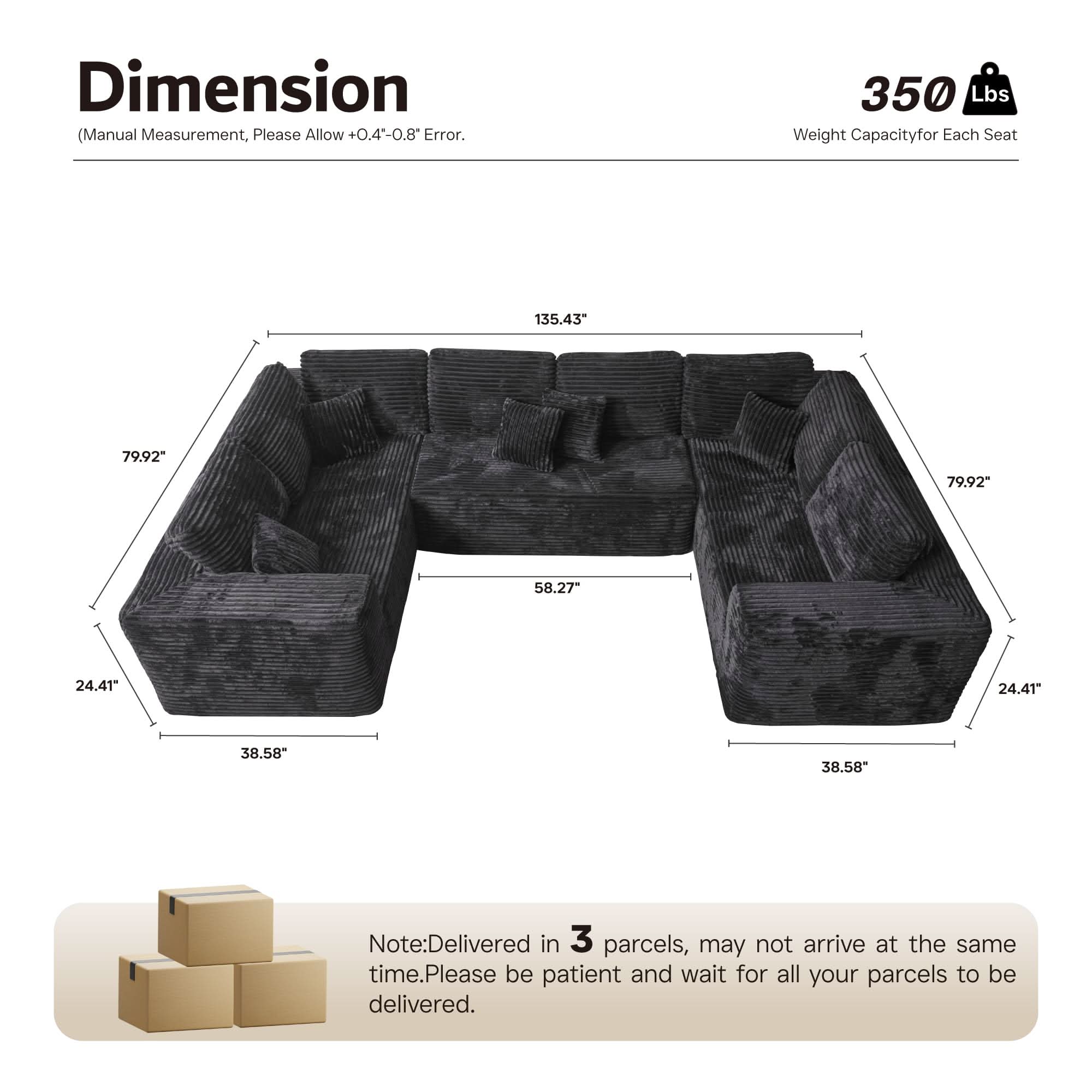 Ovios sectional cloud couch, living room U-shaped sofa, plush corduroy, memory foam, no assembly required.