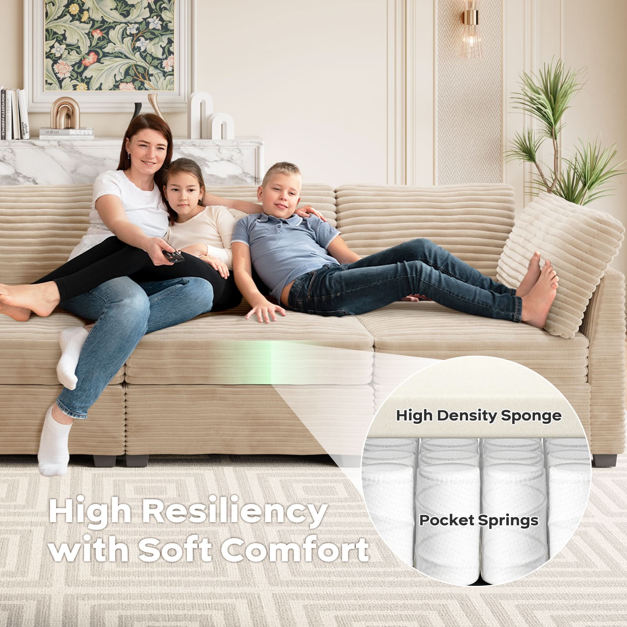 Ovios Living Room Modular Couch Ottoman, 1 Wale Plush Corduroy Fabric