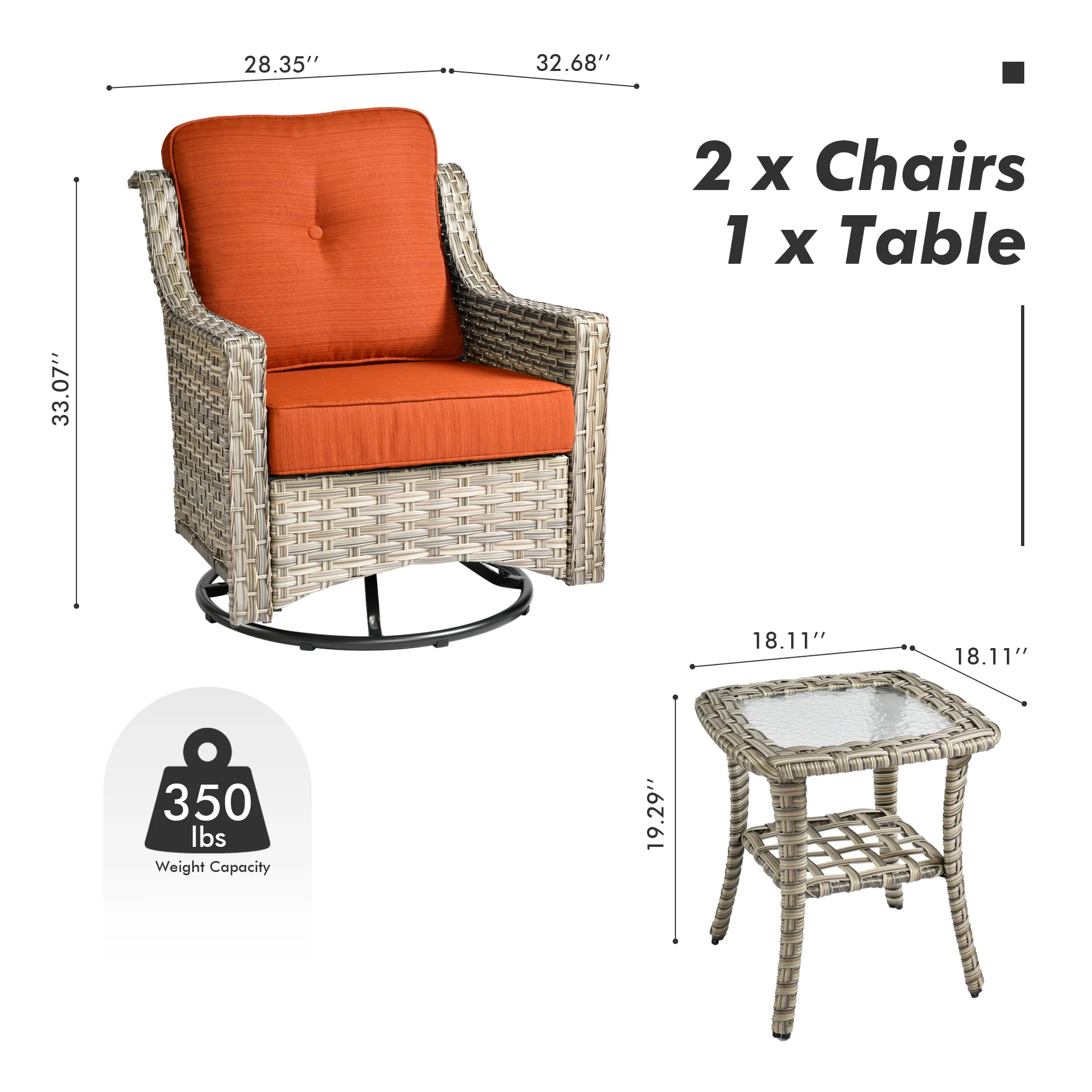 Ovios Conversation Set 3-Piece PAD Series,Swivel Chair