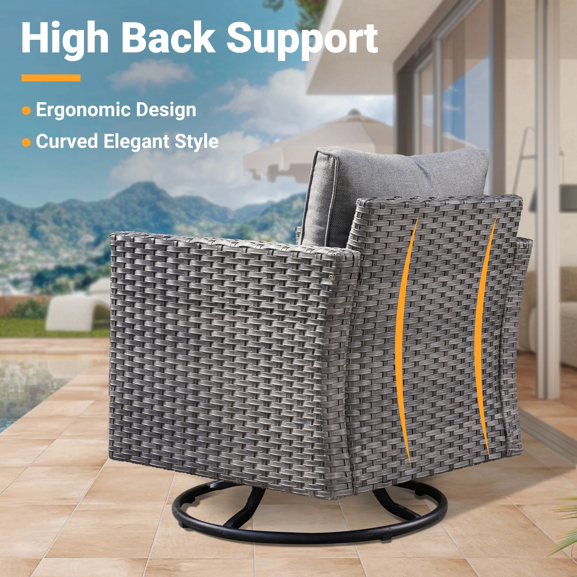 Ovios Patio Vultros 9-Piece Set with 2 Swivel Chairs and 30'' Propane Fire Pit Table