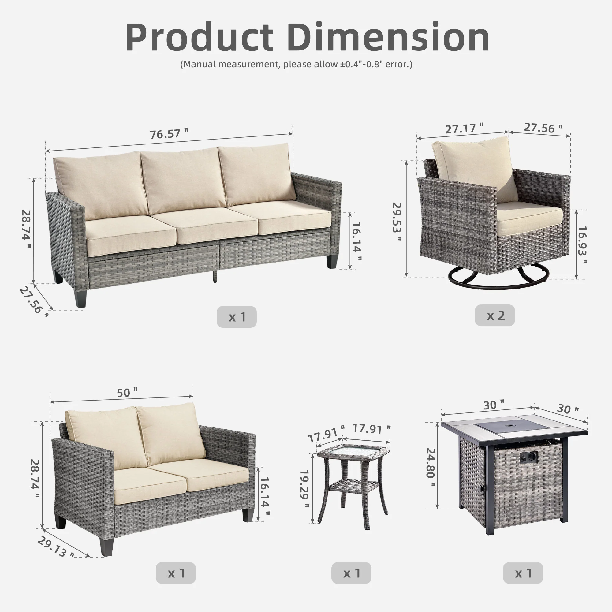 Ovios Patio Vultros 6-Piece Set With Swivel Chair Lover seat and 30'' Propane Fire Pit Table