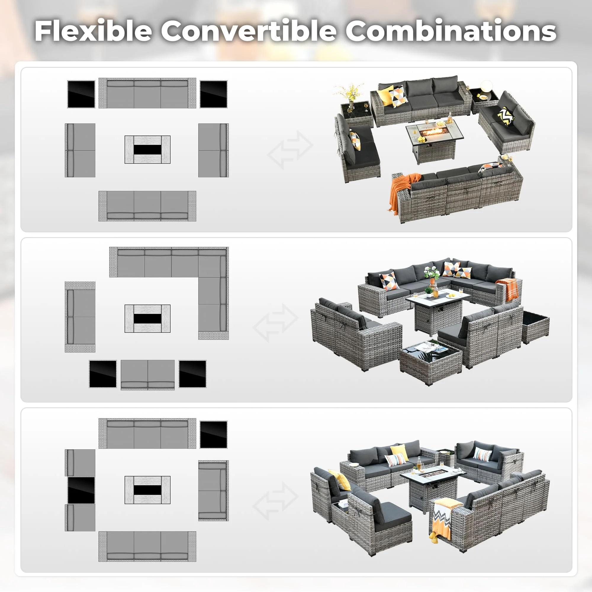 Ovios 13 Pieces Outdoor Furniture with 7.68'' Broad Handrails and Rectangle 42.12'' Fire Pit Table