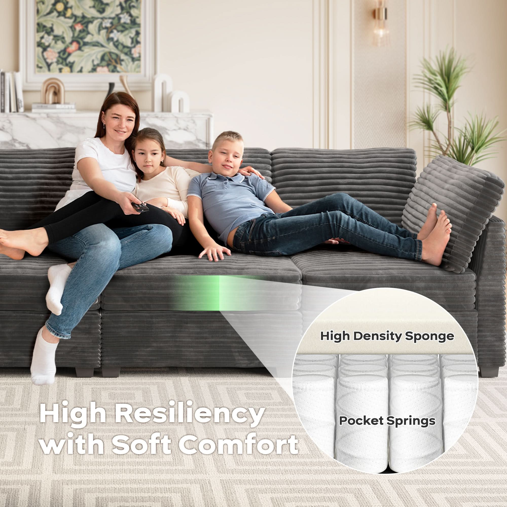 Ovios Living Room Modular Couch Ottoman, 1 Wale Plush Corduroy Fabric