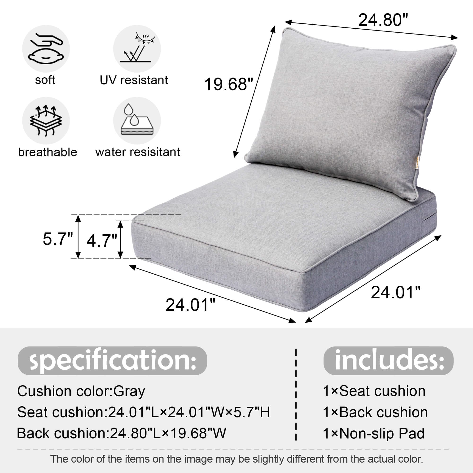 Ovios Replacement Seat Back Cushions Set with Olefin Fabric and Zipper, 24'' x 24'', Not Suitable for Ovios Patio Furniture