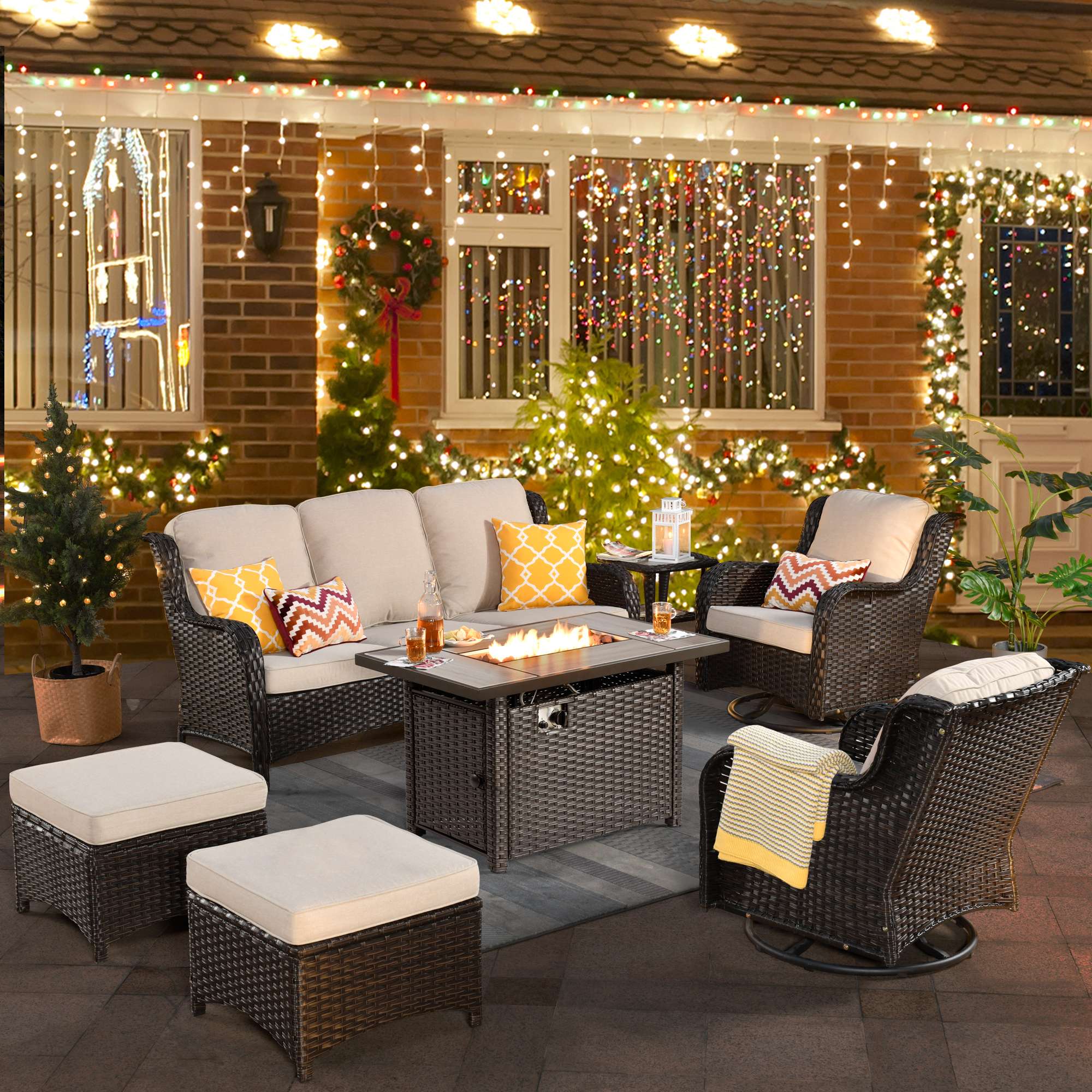 Ovios Patio 7-Piece Conversation Set with 42'' Rectangle Propane Fire Pit Table and Rocking Chairs Kenard