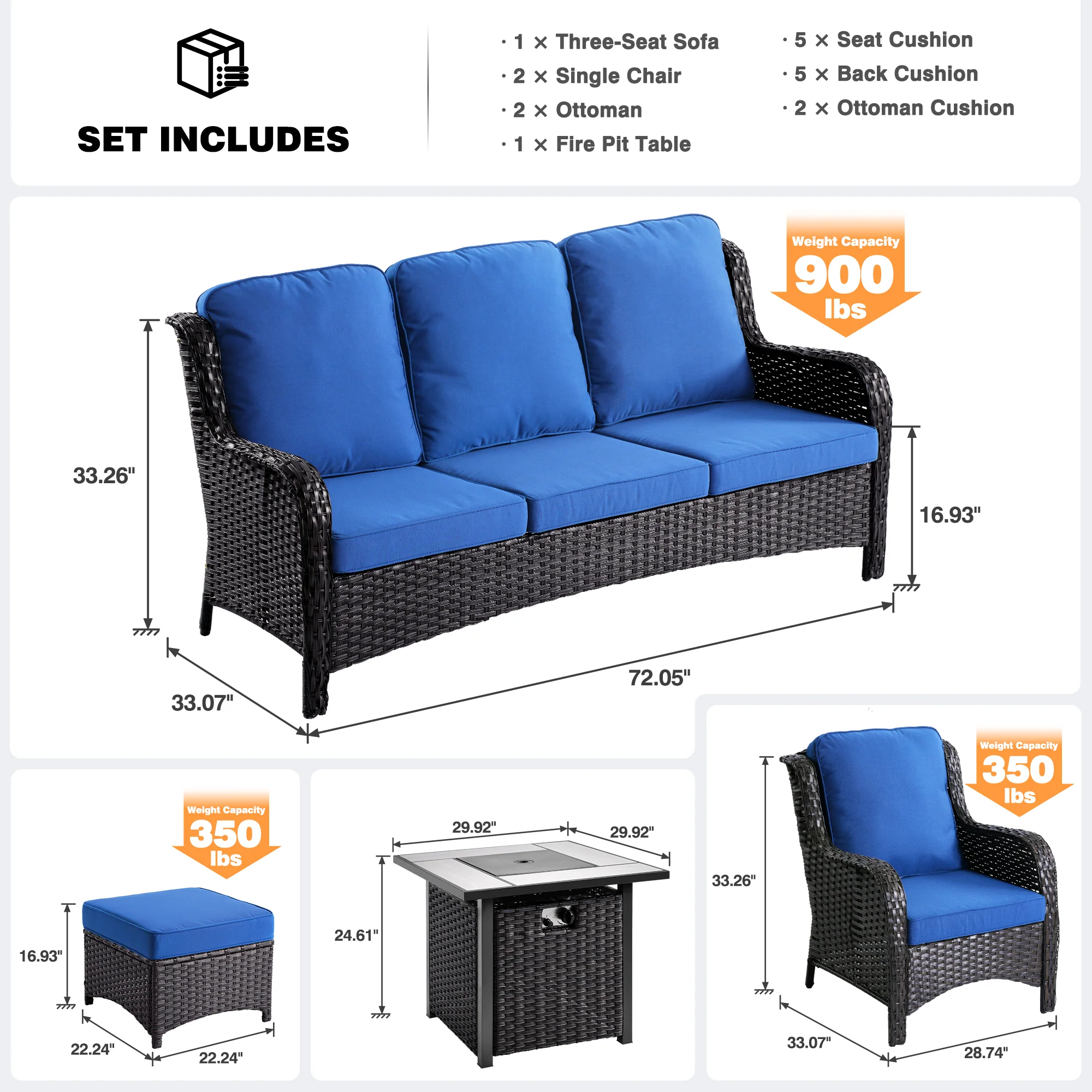 Ovios Patio Conversation Set 6-Piece with 30' Fire Pit Table and Kenard Set