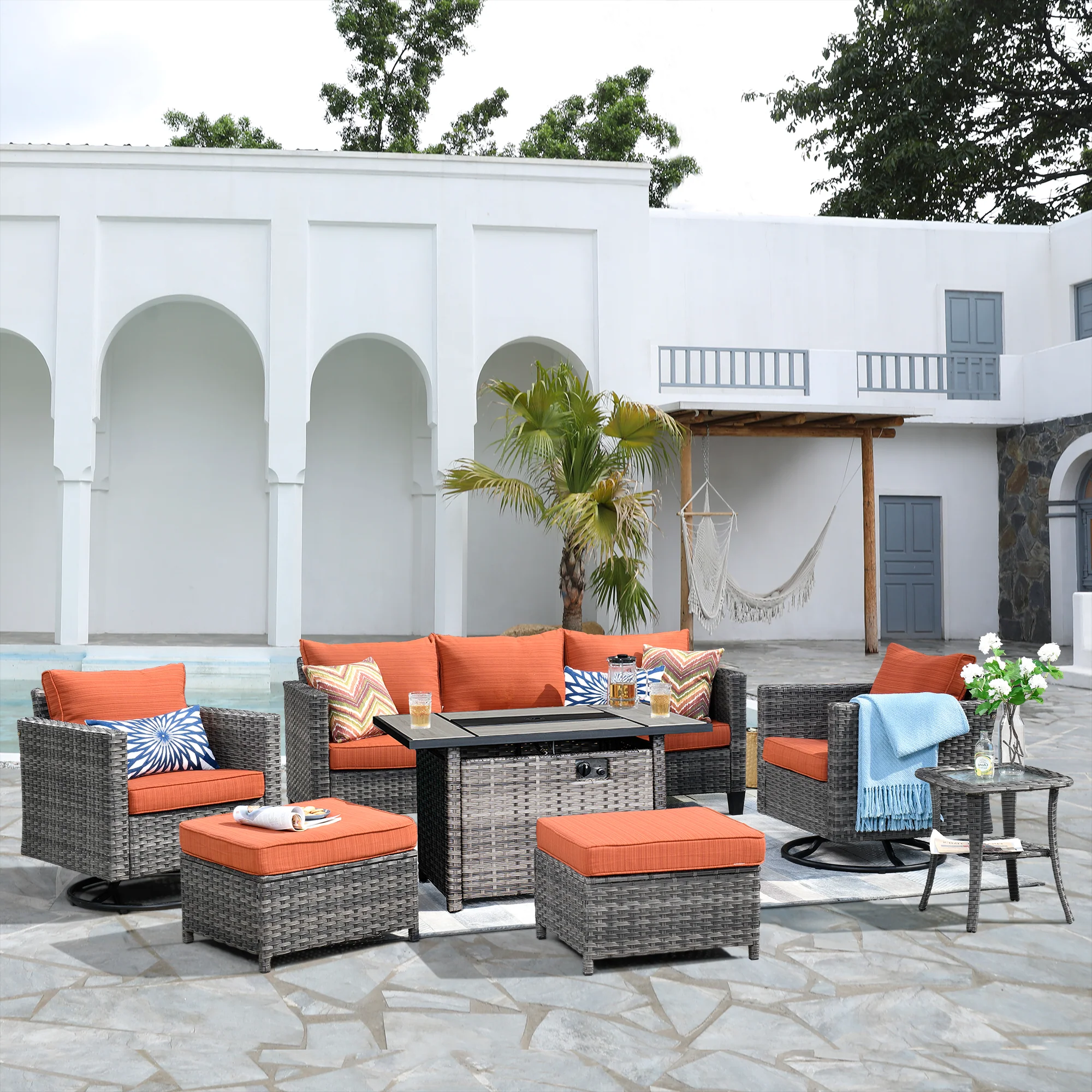 Ovios Patio Vultros 7-Piece Set With Swivel Chair and Rectangle 42'' Propane Fire Pit Table