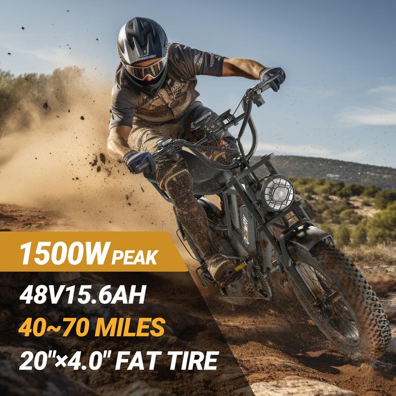 Qlaway, Aovowheel Peak 1500W Electric Off-Road Bike 20-Inch Full Suspension E-Motorcycle, 48V 15.6Ah Removable Battery, 31MPH Top Speed, 40-55 Mile Range, 2-Seater, LED Headlights, 20-Inch All-Terrain Fat Tires, UL 2849 Certified