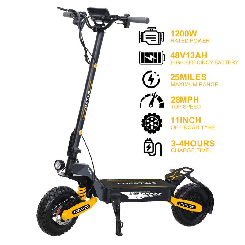 25/40 miles long distance, maximum speed of 28 MPH, 1200W electric scooter foldable, 11-inch off-road tires, turn signal lights, double suspension and double brakes
