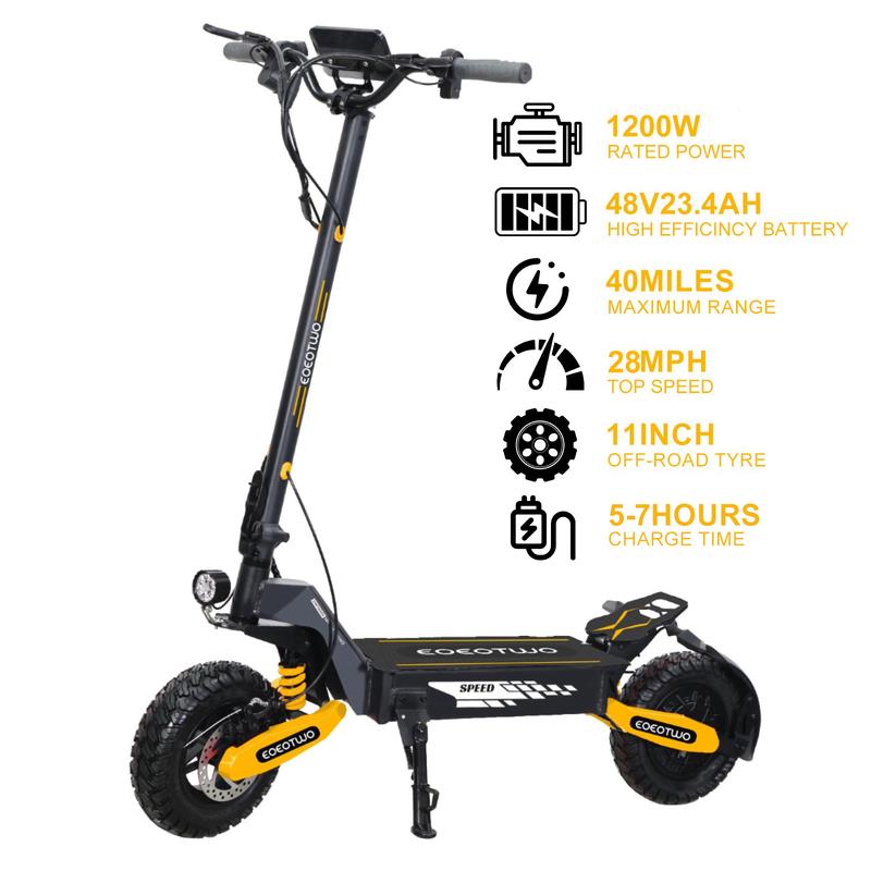 25/40 miles long distance, maximum speed of 28 MPH, 1200W electric scooter foldable, 11-inch off-road tires, turn signal lights, double suspension and double brakes