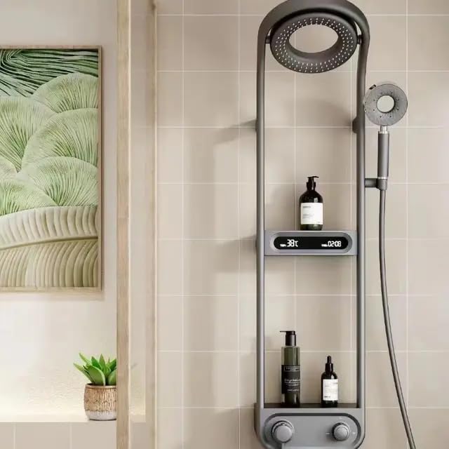 RUVEL Shower Panel - Spiral with Hydropowered LED Light, Digital Display & 3 Water Functions