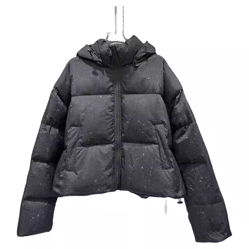 Chaqueta acolchada gruesa y pesada, abrigo con capucha de diamante completo, chaqueta cálida, nueva moda de invierno, abrigo negro elegante de manga larga de longitud media